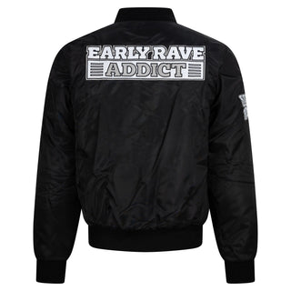 Black bomber jacket shown from the back, featuring a large white and gray graphic print that reads 'EARLY RAVE ADDICT' across the upper back.